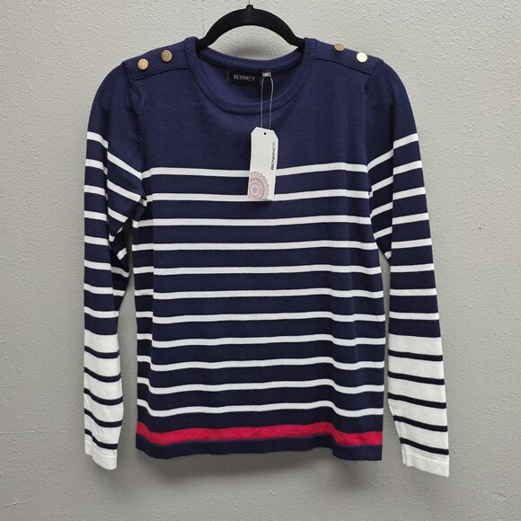 BENANCY Sweater Womens Medium Navy White Striped Crewneck Gold Button Shoulders - Picture 1 of 11